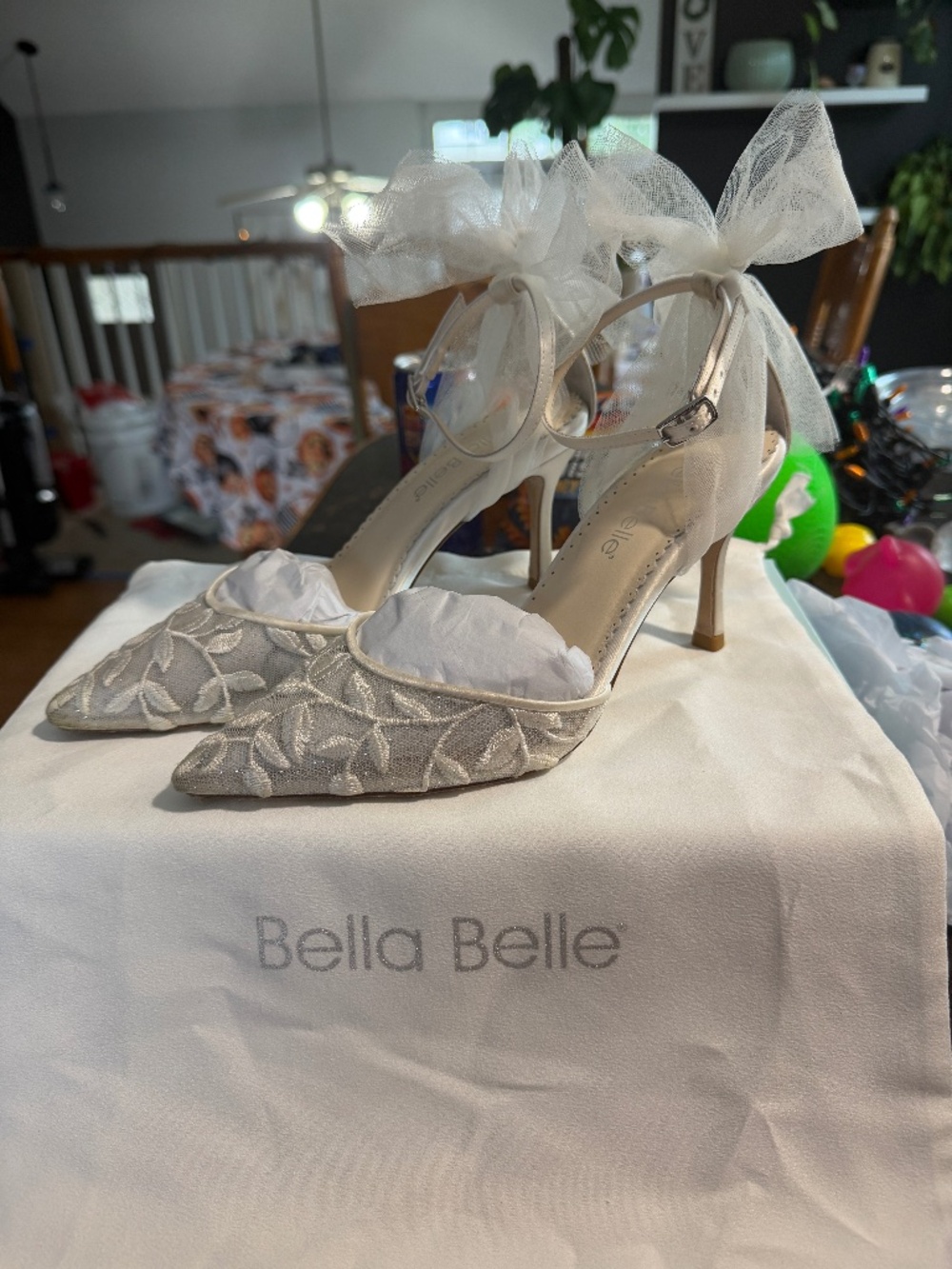 5.5 Bella Belle Joselyn 3-Inch Ivory Ankle Strap Tulle Bow Shoes